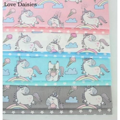 100% cotton twill PINK WHITE GRAY AQUA rainbow cone unicorn stars fabric for DIY bedding cushion patchwork handwork decor