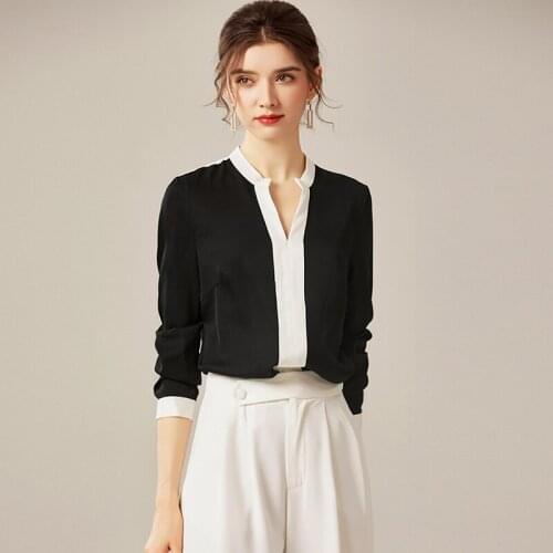 100% Silk Blouse Women Shirt Patchwork Printed Elegant Design V Neck Three Quarter Sleeve Top Casual Simple Style New Fashion
