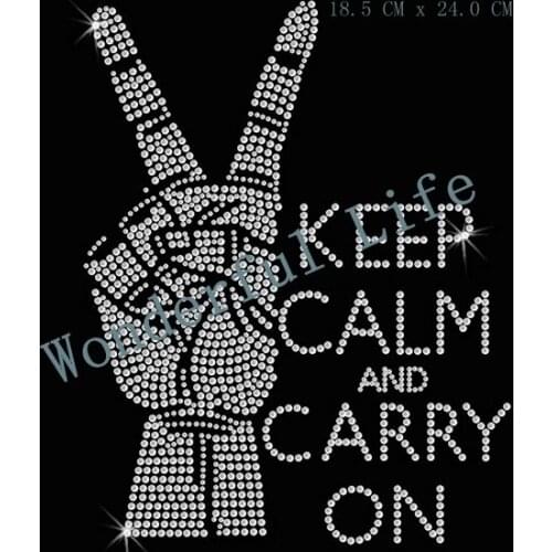 Free shipping keep calm and carry on hotfix rhinestone Iron On bling transfer design motif yeach