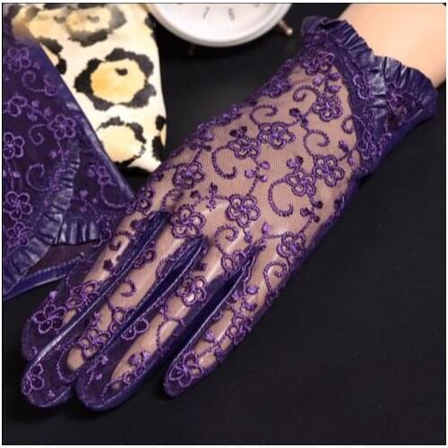 Black sexy lace gloves high quality ladies genuine leather sheepskin gloves sun protection gloves mittens