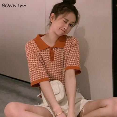 Summer T-shirt Women Button Sweet Kawaii Cropped Student Knitting Geometric Feminine Trendy Retro Clothing Korean Style Soft Ins