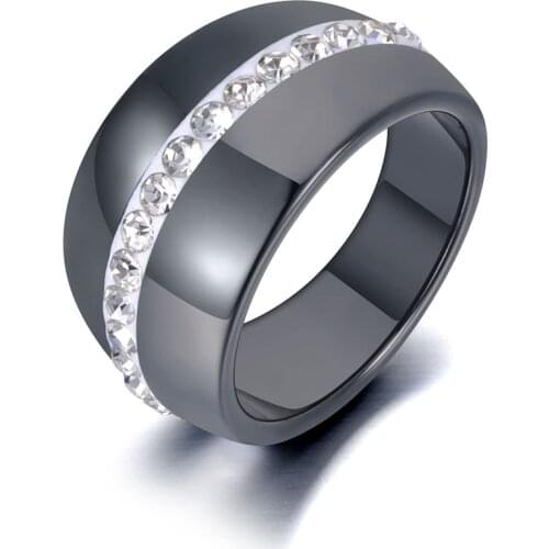 Bohemia Black Ceramic Crystal Party Rings Jewelry For Women Stainless Steel White Rhinestone Engagement Ring R19081