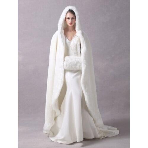 Faux Fur Jacket Wedding Long Bridal Cape Cloak Hooded Ivory Winter Wrap Coat