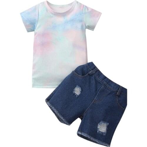 Toddler Girls Summer Clothes Tie Dye Short Sleeve Tees T-shirt Tops+Denim Ripped Jeans Shorts Two Piece Casual Outfits Sets