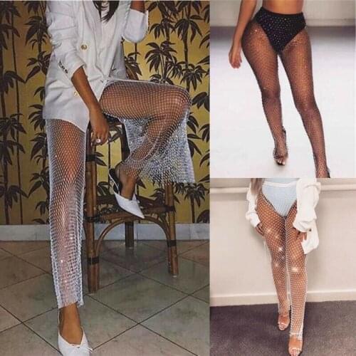 Summer Womens Fishnet Rhinestone Trousers Clubwear Glitter Bikini Cover Up Mesh Pants Fashion Sexy Hollow See-Through Cover Ups