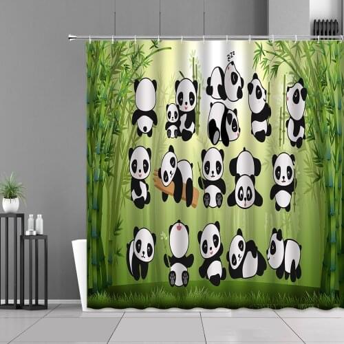 Cartoon Shower Curtain Cute Animal Panda Frog Green Plant Bamboo Scenery Children Room Decor Waterproof Hooks Bathroom Curtains
