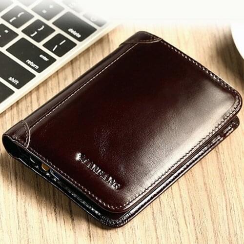 MANBANG Mens Slim Wallet Brown/Black Genuine Leather Card ID Trifold Credit Money Clip Holder Purse Christmas Father Gift