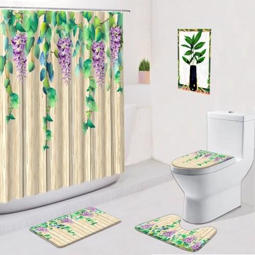 Green Leaf Flower Bathroom Set Shower Curtain Washable Non Slip Bath Carpets Toilet Cover Mat Wood Grain Floral Bathtub Curtains