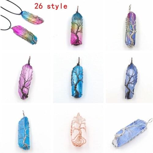 New Handmade 7 Chakra Natural/Rainbow Stone Tree of Life Pendant Necklace for Women Men Stones Chakra Pendulum Statement Jewelry