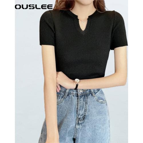 Ouslee Summer Women Knitted T-shirts V-Neck Crop Top Short Sleeve Casual Streetwear Knitted T-shirts For Women Crop Tops