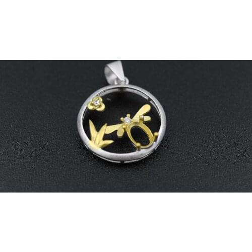 4x6MM Gold Plated Flower Bee Oval Bezel Solid 925 Sterling Silver Pendant Settings DIY Gemstone Jewelry Supplies 1421112