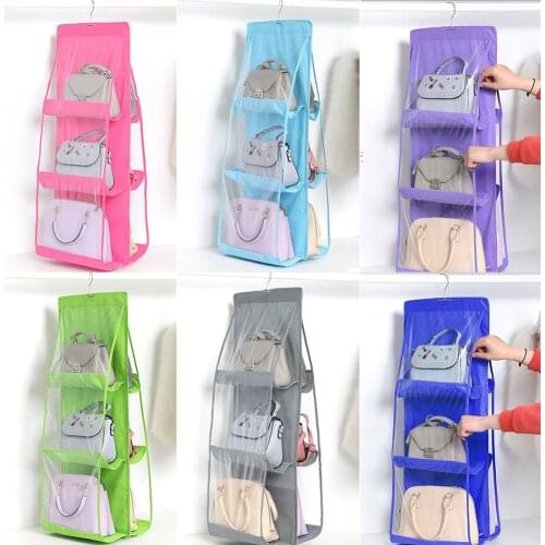 Portable DIY Hanging Bags Organizer Double-sided 6 Pocket Transparent Non-woven Door Wall Storage Bag for Handbag Shoes Dropship