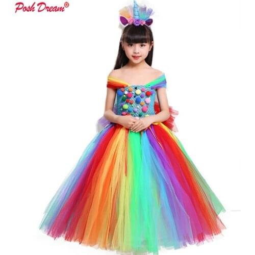 POSH DREAM Unicorn Rainbow Dress for Christmas Princess Children Birthday Party Dress Fluffy Kids Girls Tutu Dresses Clothes