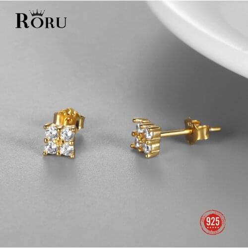 Real 925 Sterling Silver Stud Earrings for Women Four Zircon Mini Ear Jewelry Gift Cute Exquisite Gold Earrings