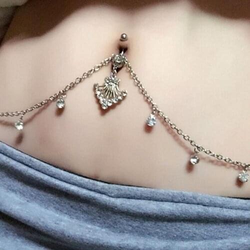 Sexy Women Rhinestone Dangle Navel Piercing Belly Button Ring with Waist Chain trendy