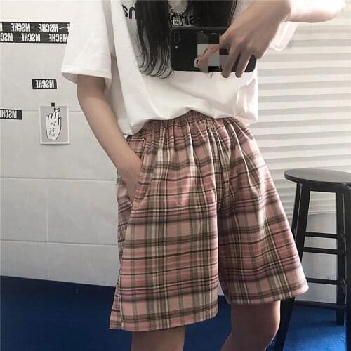 Shorts Women Elasticity Lovely Girls Korean Style Sweet Students Harajuku Simple Oversize Plaid Sweatpants Female short vintage