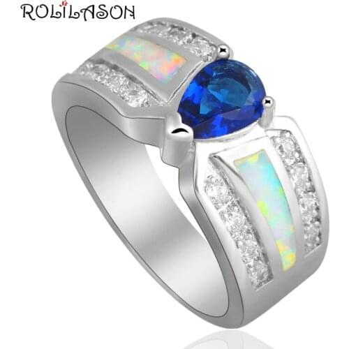 Blue Fashion Jewelry Factory price White Fire Opal stamped Silver Party Rings USA #6#6.5#8#8.5#9 OR696