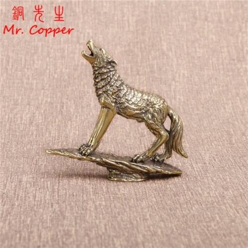 Solid Brass Prairie Rock Stone Wolf Statue Desktop Ornament Table Tea Pet Vintage Copper Animal Figurines Miniatures Decoration