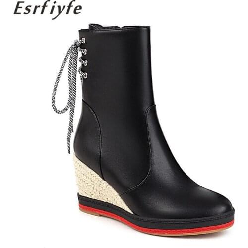 ESRFIYFE 2020 New Platform Women Ankle Boots Wedge Heel Fashion Lace Up Ladies Shoes Black Autumn Winter Great Quality Boots