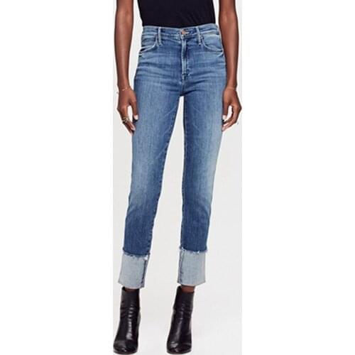 Women Jeans Mid-waist Curled Straight