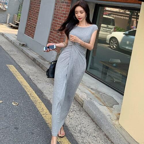 S-XL plus size korean style summer dress women light luxury pleated slim waist o-neck solid color hips long knitting dress lady