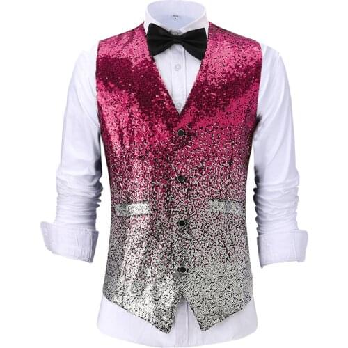 Sequins Waistcoat Men Vest Vintage V-neck Men Gradient Stage Party Shiny Tuxedos Waistcoatfor Wedding Groomen