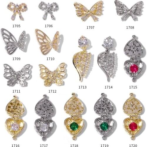 Gold/Silver 3D Butterfly Bow Wing Heart Box Nail Art Decoration Crystal Rhinestone Charm Nail Jewelry Alloy Manicure Accessories
