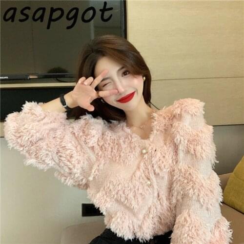 Asapgot Fashion Chic Korea Plush V-neck Tassel Sweaters Coat Autumn Winter New Thick Wild Pink Long-sleeved Cardigan Top Sweet