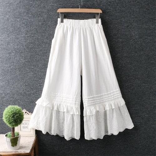 Summer 2021 Mori Girl Solid Color Cotton linen Lace Wide Leg Pants Loose Women Casual Cropped Trousers autumn