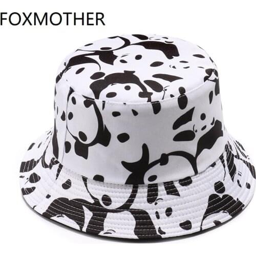FOXMOTHER New Fashion Black White Panda Cow Print Fisherman Caps Bob Bucket Hats For Women Mens