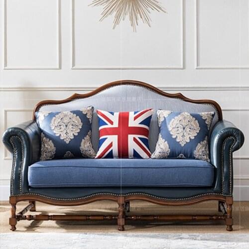 American Country Living Room Leather Solid Wood Sofa European Style Living Room Leather Fabric Sofa Complete Modern