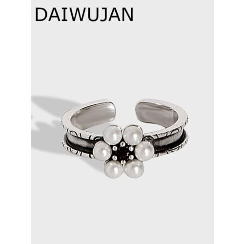 New Korean Retro Thai Silver Pearl Flower Open Rings for Women INS Niche Black Crystal 925 Sterling Silver Ring Fine Jewelry