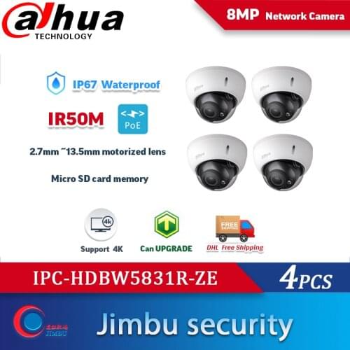 Dahua 8MP IR Dome IP Camera IPC-HDBW5831R-ZE 4PCS/lot IP67 IK10 PoE H.265 2.7mm ~12mm motorized lens IR50m Micro SD card memory