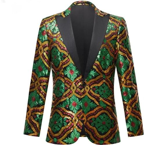 Fashion Hot Sale British Style Mens Suit Jacket Singer Costume Sequined Performance Jacket Mens Green Gold Lapel Top