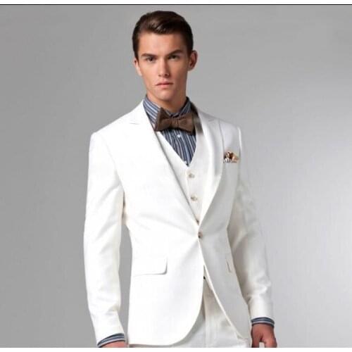 Costume Made White Peaked Lapel One Button Men Suits (Jacket+Pants+Vest+tie) Tuxedos High Quality Slim Fit Wedding Suits Formal