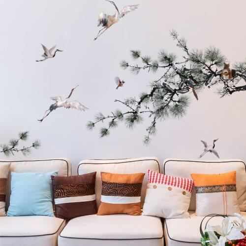 89*144cm Chinese Style TTree Wall Stickers Pine White Crane Home Office Decor Teenager Vintage Wallstickers Living room bedroom