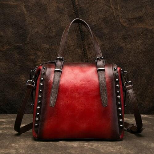 2021 New Female Retro Rivet Handbag Genuine Leather Women Bag Shopping Leisure Solid Color Soft Cowhide Shoulder Crossbody Bags