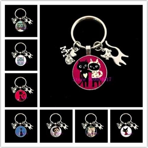 New fashion cute cat alloy pendant keychain round photo glass keychain gift men and women party I love my cat keychain