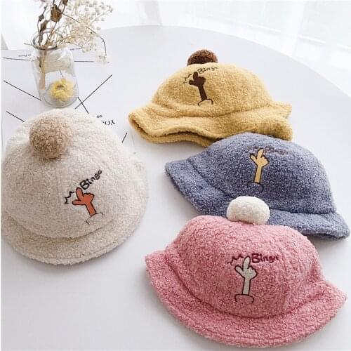 New Autumn Winter Lambwool Baby Hats Bingo Letter Pattern Kids Boys Girls Caps Thickened Warm Bucket Caps Baby Photography Props