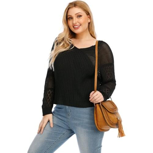 Solid Color Shirt Women Loose Casual Printing Large Size Sexy Hollow Out Woven Sweater V Neck Sweater Fashion Versatile Top