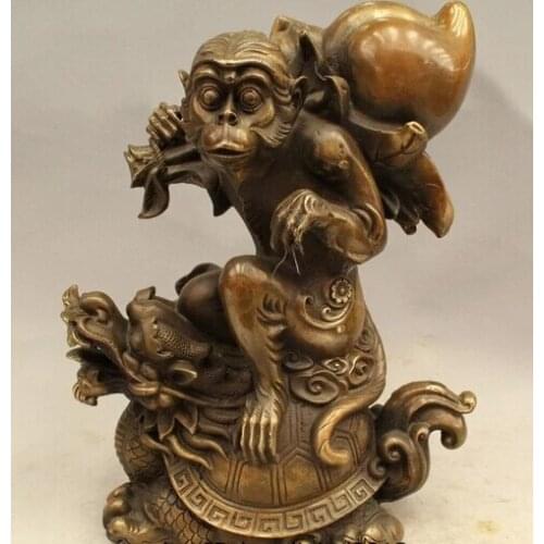 Wholesale factory 13"chinese bronze monkey ride dragon turtle tortoise hold peach longevity statue 25% off
