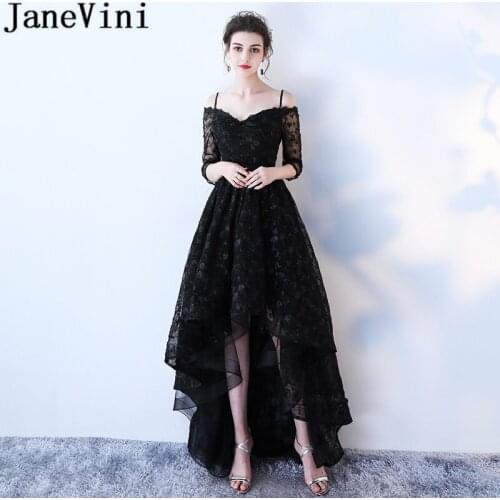 JaneVini High Low Black Lace Long Bridesmaid Dresses A Line Spaghetti Straps Backless Elegant Prom Gowns Robe Longue Dentelle