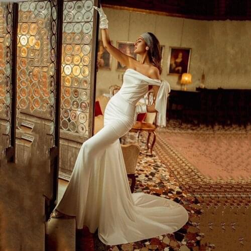 Eightree 2021 Mermaid Wedding Dresses Sexy Off Shoulder Satin Bride Dress Backless Ivory/White Boho Wedding Gowns Custom Size