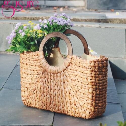 Gusure Handmade Straw Handbag for Woman Top-handle Bags Casual Woven Corn Straw Big Totes Girls Travel Vacation white khaki