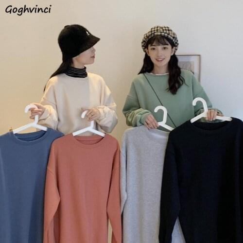 Women No Hat Hoodies Solid Candy Color Loose Plus Velvet Simple Basic Students Sweet Girls Females Sweatshirts Trendy Soft Chic