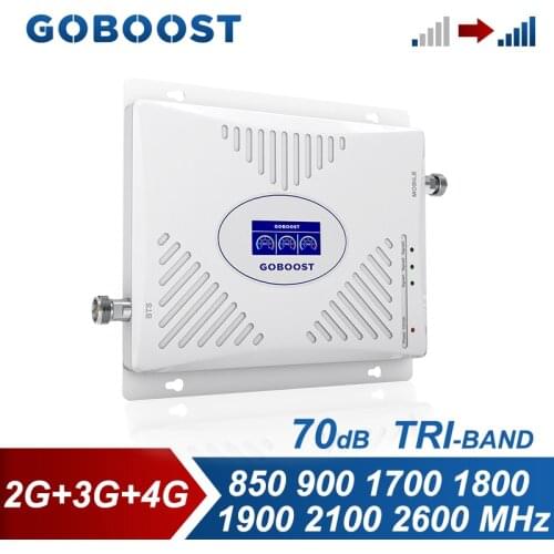 GOBOOST Tri Band Signal Booster 2g 850 900 3g 2100 LTE 4g 1800 1700 1900 2600 MHz Cellular Amplifier Gain 70dB Repeater