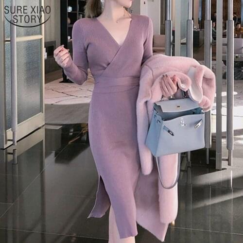 Autumn and Winter Korean New V-neck Midi Sweater Dresses Split Slim Thin Long Sleeve Sexy Wool Knitted Dresses Pull Femme 11739