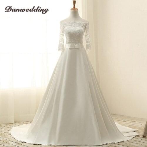 Gorgeous Satin Wedding Dress 3/4 Long Sleeve Pockets Boat-Neck Plus Size Lace Applique Bridal Dress Real Photo Wedding Gowns