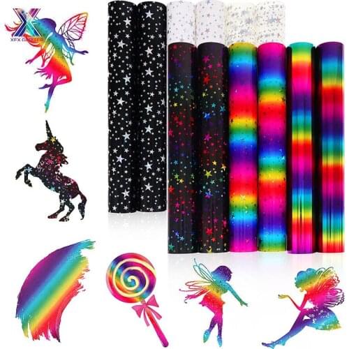 XFX HTV Free Shipping 1 Sheet 25x30.5cm Cricut Vinyl Holographic Rainbow Star Heat Transfer Vinyl T-shirt Iron on Patterned HTV