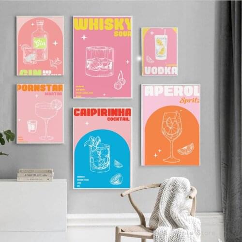Vintage Wine Kitchen Poster Print Cocktail Liquor Drink Canvas Painting Wall Art Pictures Restaurant Bar Decor Dining Room